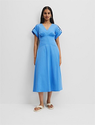 Organically Grown Cotton Blend Poplin Basque Midi Dress