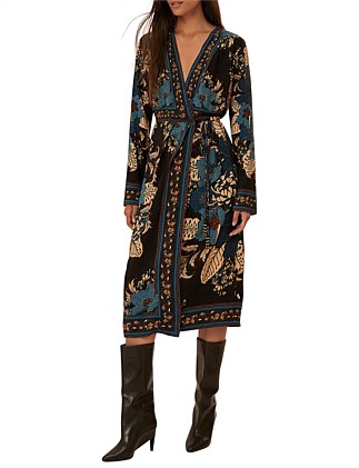 Blossom Tapestry Black Midi Wrap Dress