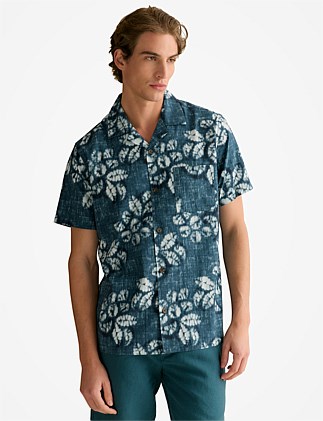 Cotton Blend Washed Floral Short Sleeve Shirt