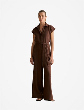 Linen Collared Wide Leg Jumpsuit