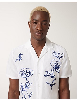 Floral Embroidery Cuban Collar Shirt