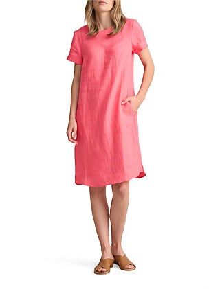 SCOOP NECK LINEN DRESS - CORAL