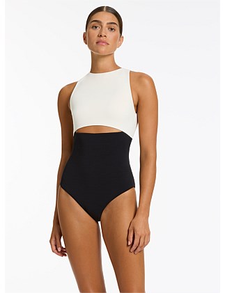 Versa Rib Cut Out High Neck One Piece Swimsuit