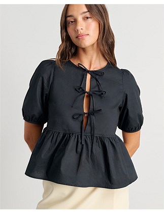 POPLIN PUFF SLEEVE TIE TOP