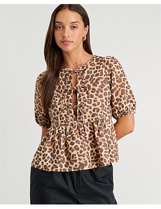 LEOPARD LINEN TIE BLOUSE