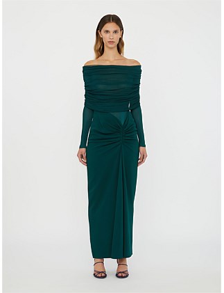 SONORA VEILED LONG SLEEVE RUCHED DRESS