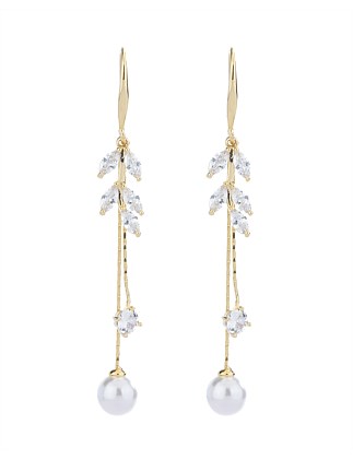 CRYSTAL LEAF DROP EARRINGS W PEARL