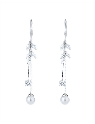 CRYSTAL LEAF DROP EARRINGS W PEARL