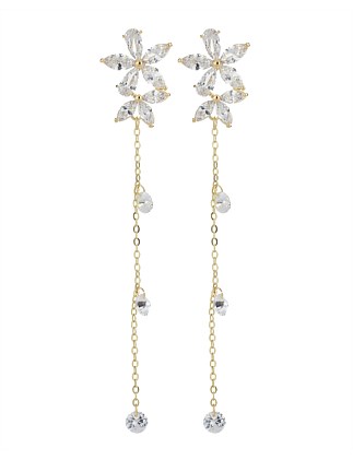 FLOWER DROP EARRINGS W CRYSTAL CHAIN