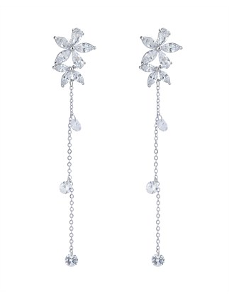 FLOWER DROP EARRINGS W CRYSTAL CHAIN