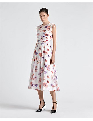 FLORAL POSIE GATHERED MIDI DRESS