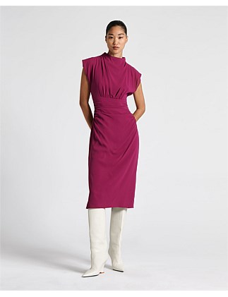 RASPBERRY DRAPED NECK MIDI DRESS