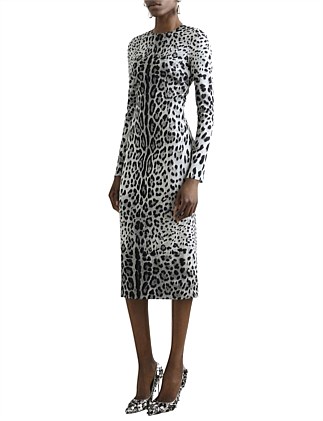 LONG SLEEVE FITTED LEOPARD PRINT MIDI DRESS