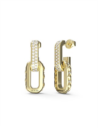 GUESS STYLISH GUESS 30MM MATELASSE PAVE DBL LINK GOLD EARRINGS