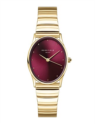 ROSEFIELD THE OVAL BURGUNDY HALF-MOON STEEL GOLD WATCH