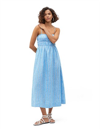 LINEN SMOCKED MIDI DRESS