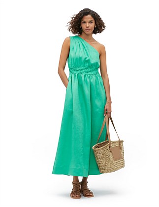 LINEN ONE SHOULDER MIDI DRESS