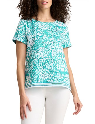 COTTON BORDER T-SHIRT - WHITE/TURQUOISE