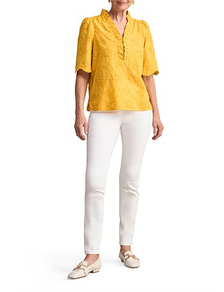 EMBROIDERED FRILL DETAIL TOP - MUSTARD