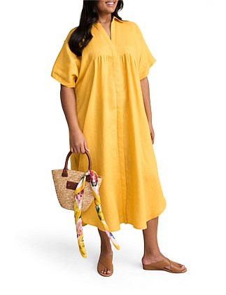 LINEN GATHER FRONT DRESS - MUSTARD