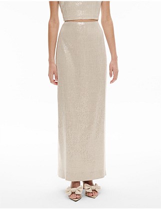 Sequin Linen Column Skirt