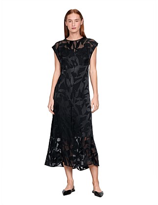 SILK VISCOSE LEAFY BURNOUT MIDI DRESS