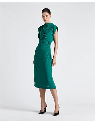 EMERALD DRAPED NECK MIDI DRESS