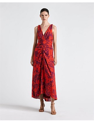 BERRY STENCIL FLORAL V-NECK MIDI DRESS