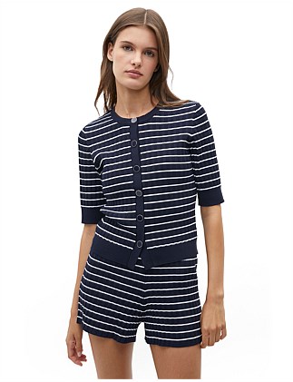 STRIPE RIB KNIT SHORT SLEEVE CARDIGAN