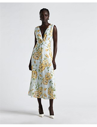 GOLDEN FLORAL VISCOSE MAXI DRESS