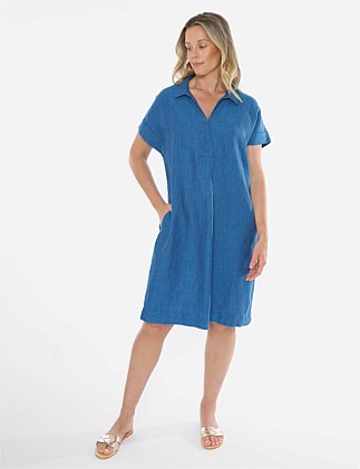 Collared Open Neck Linen Dress