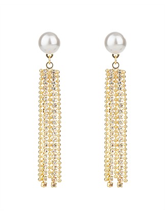 CRYSTAL FRINGE EARRINGS W PEARL STUD