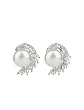 PEARL STUD EARRINGS W CRYSTAL LEAVES