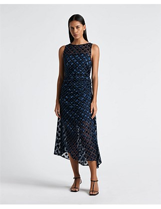 POLKA DOT DRAPED MIDI DRESS