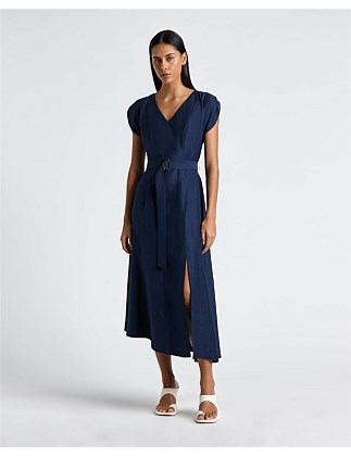 BELTED ASYMETRICAL PANEL LINE MIDI DRESS