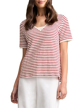 INSERT V-NECK COTTON T-SHIRT - ROUGE WHITE STRIPES