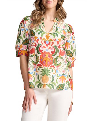 RUFFLE COLLAR BLOUSE - BRAZILIAN TROPICAL TAMBOUR PRINT