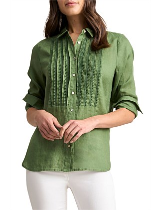 LACE TRIM LINEN SHIRT - KHAKI