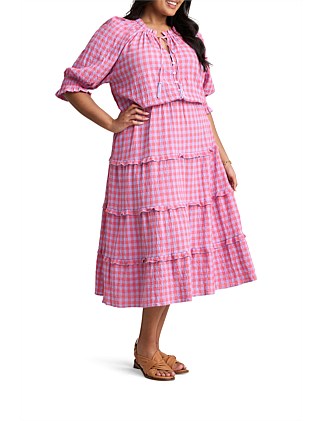 COTTON GINGHAM TIERED DRESS - LILAC/CORAL