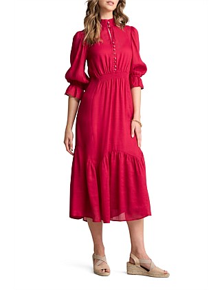 LINEN SILK TIER DRESS -ROUGE