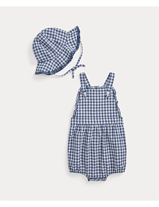 Baby Girl Gingham Madras Bubble Shortall & Hat Set