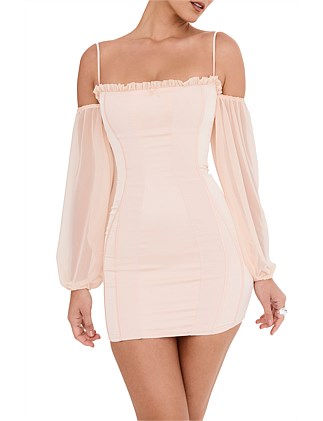 MISTRESS ROCKS PEACH OFF SHOULDER MINI DRESS