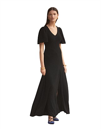 FLUTED V-NECK COMO MAXI DRESS