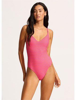 Mesh Effect V Neck One Piece Swimsuit