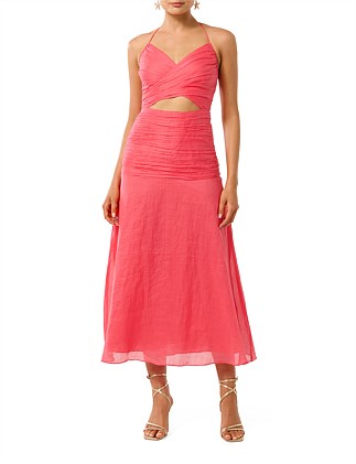 CLARISSA GATHERED HALTER MIDI DRESS