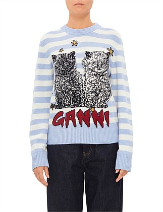 Striped Graphic Wool Mix Cats Crewneck