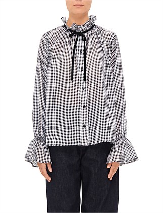 Sheer Fluid Check Tie String Shirt