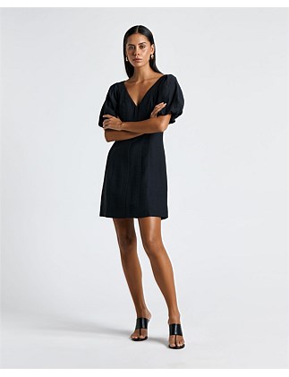 LINEN BLEND PUFF SLEEVE MINI DRESS