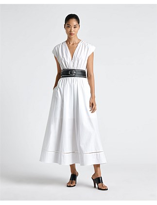 COTTON GATHERED V-NECK MIDI DRESS