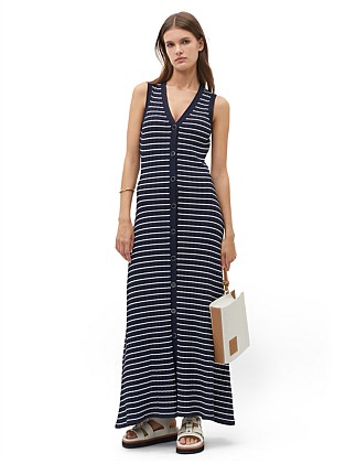 STRIPE RIB KNIT BUTTON MIDI DRESS